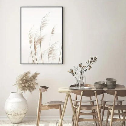 DecorBites™ nordic seascape canvas wall art set with minimalist black frame and beige pampas grass silhouettes on white background
