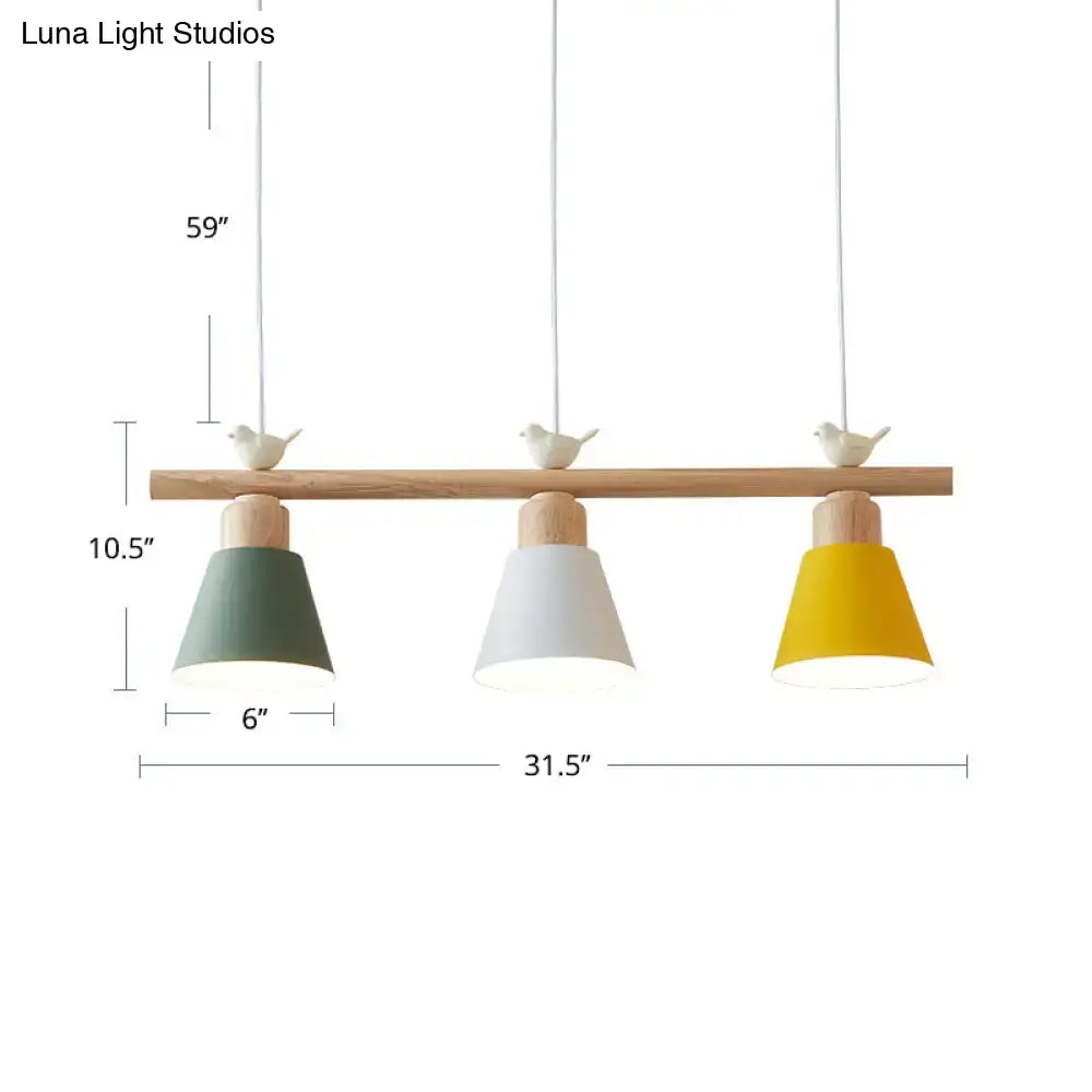 Three-color metal pendant hanging island light with wooden bar and bird finials for dining room decor