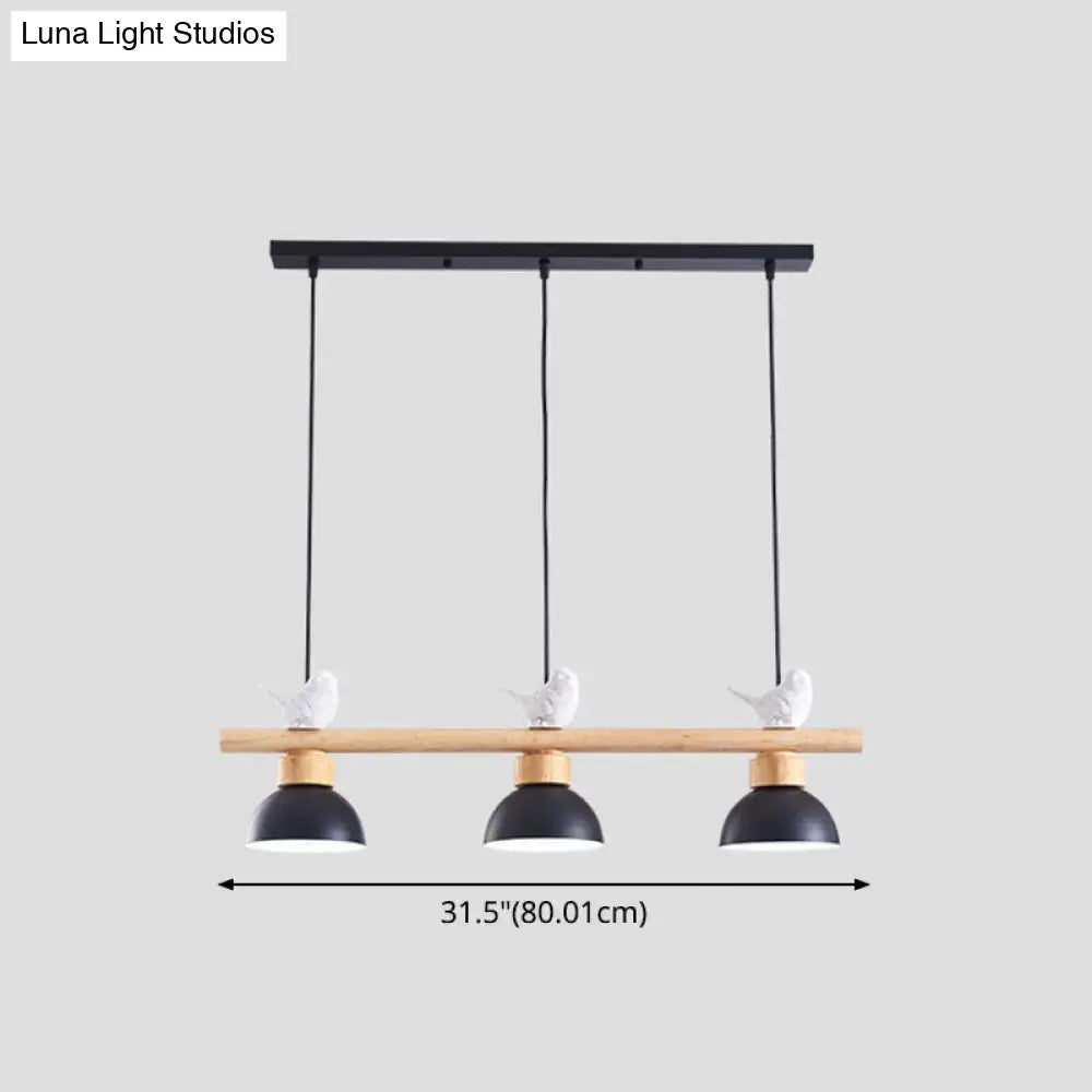DecorBites™ Nordic style 3-light wood bowl pendant with black and white bird-themed metal shades and e26 e27 bulb base