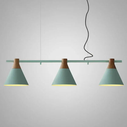 Decorbites nordic style pendant light with teal metal shades, wooden accents, and adjustable chain cord length