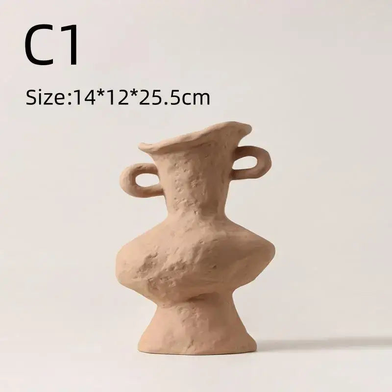 Tan textured nordic style ceramic flower pot with two looped handles and flared rim by DecorBites™ in white