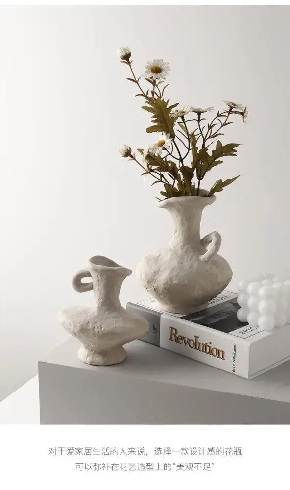 Decorbites nordic style ceramic flower pot in white with textured off-white bulbous body and two handles