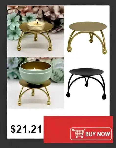 Gold-colored metal candle stand with round flat top and four curved legs complementing decorbites plastic flower vase