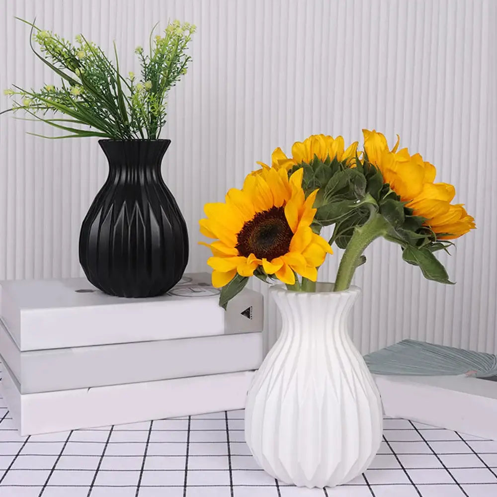 White ribbed ceramic flower vase holding bright yellow sunflowers for home decor in decorbites™ nordic style plastic flower vase