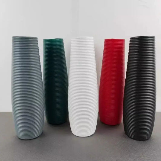 Five ribbed plastic flower vases in gray green white red and black for home decor by decorbites nordic style