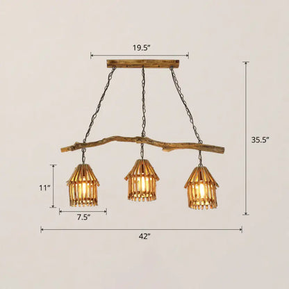 Decorbites™ nordic style wooden house pendant light with three woven bamboo shades and black metal chains for dining room