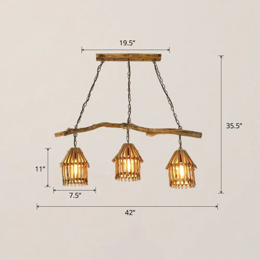 Decorbites™ nordic style wooden house pendant light with three woven bamboo shades and black metal chains for dining room