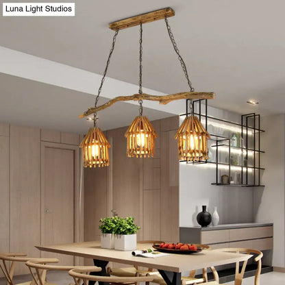 DecorBites™ nordic style wooden house shaped pendant light with three woven bamboo shades for dining room use