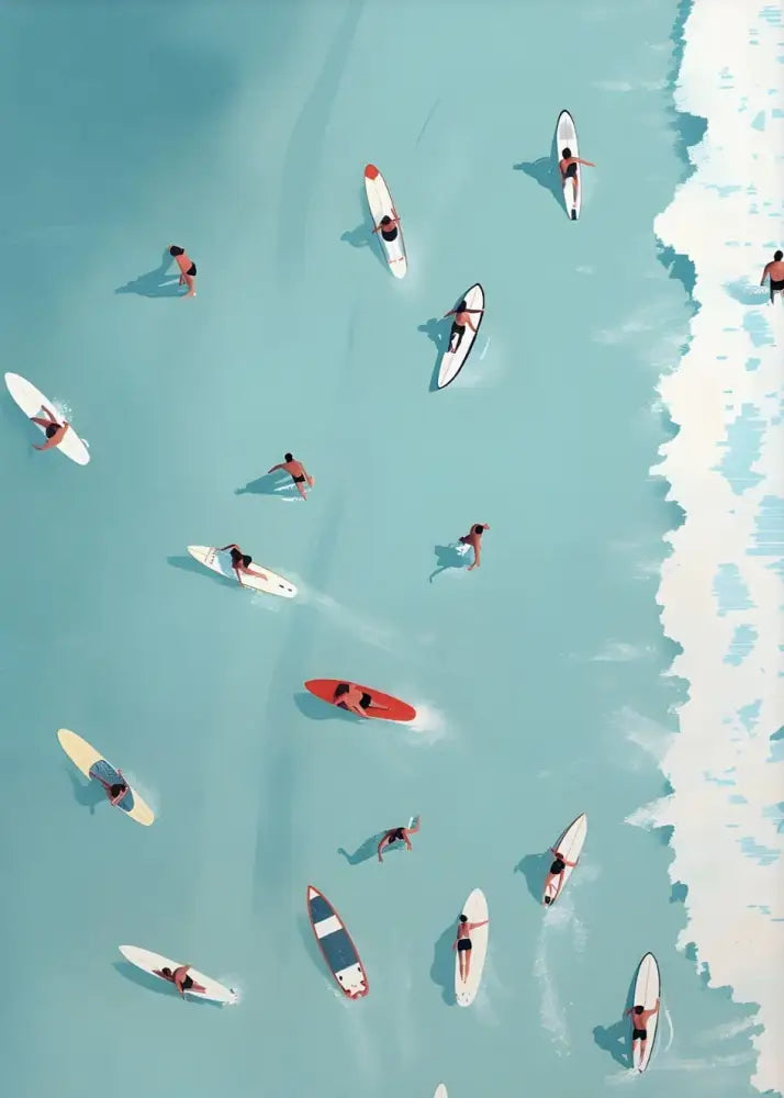 Aerial view of surfers on turquoise ocean waves in DecorBites™ Nordic summer wall art prints for living room