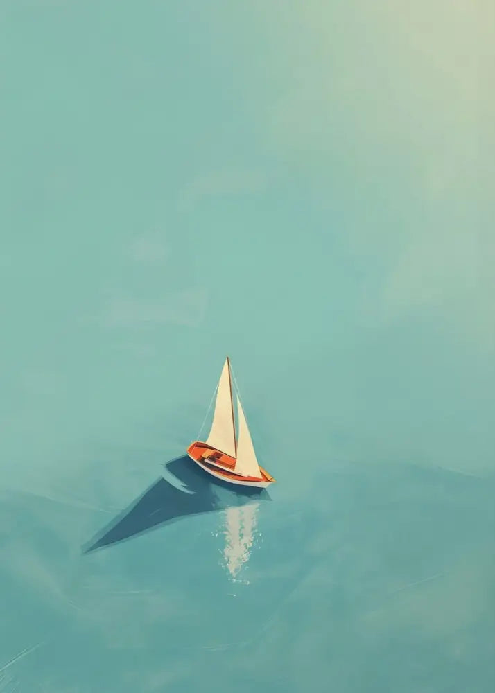 Decorbites™ nordic summer wall art prints featuring a small sailboat with white sail and orange hull on turquoise water