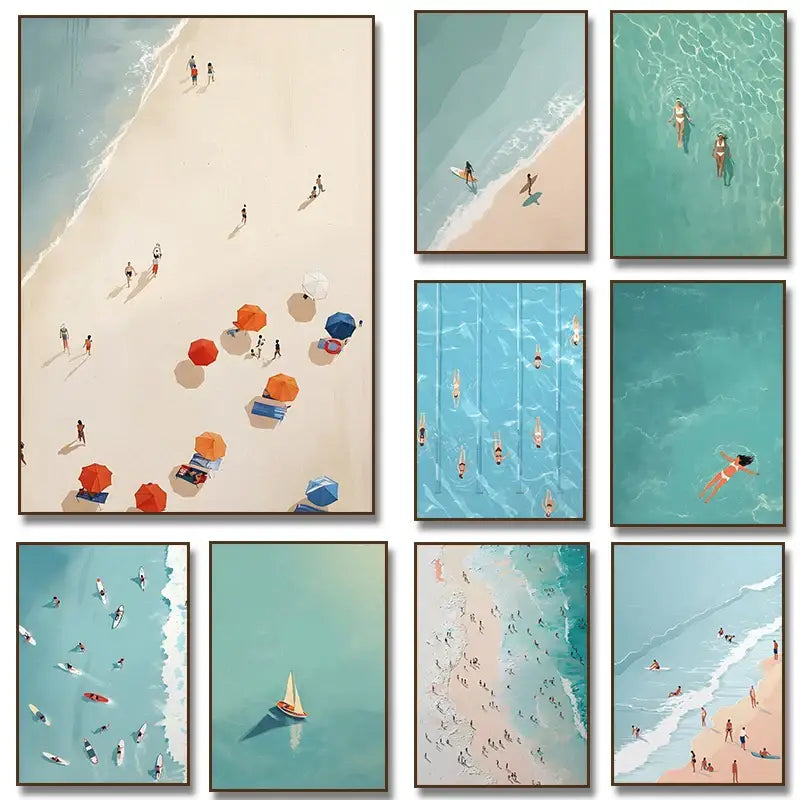 Set of eight DecorBites™ wall art prints featuring vibrant turquoise waters and beach umbrellas in a minimalist style