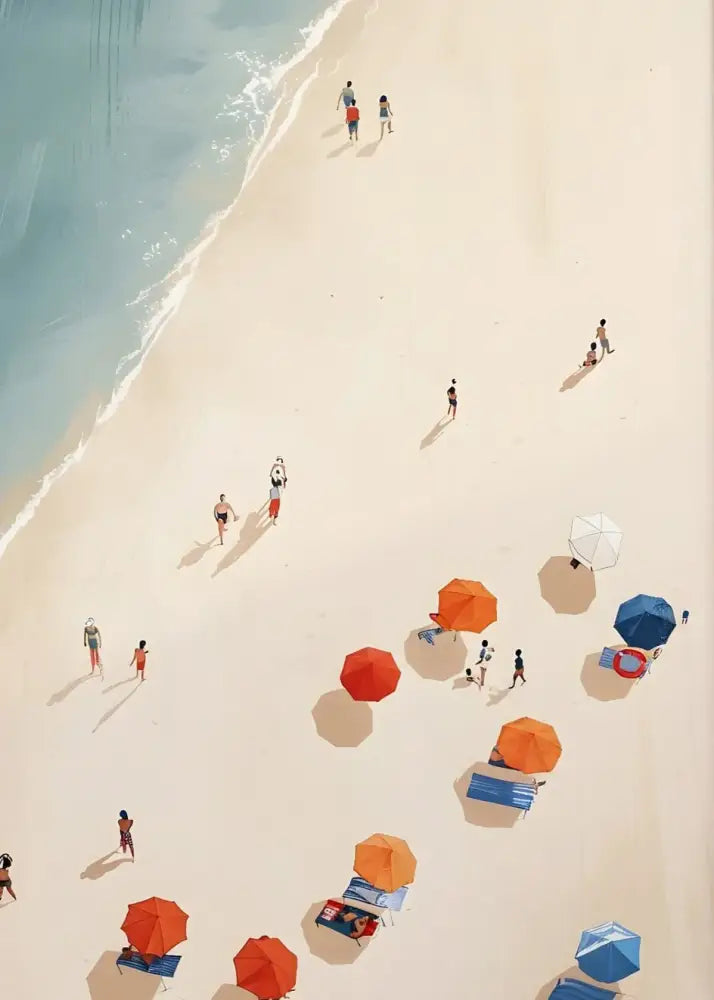 DecorBites™ Nordic summer wall art prints featuring vibrant beach scene with white sand and colorful umbrellas