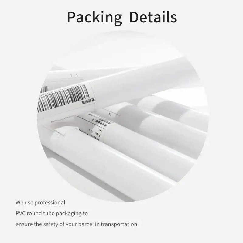 White pvc round tubes with barcode labels used for packaging DecorBites™ Nordic Summer wall art prints for living room