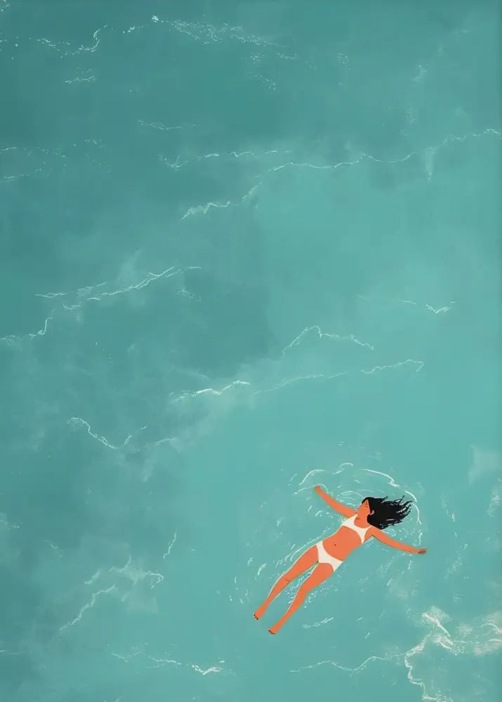 A woman in a white bikini floats in turquoise water on decorbites nordic summer wall art prints for living room
