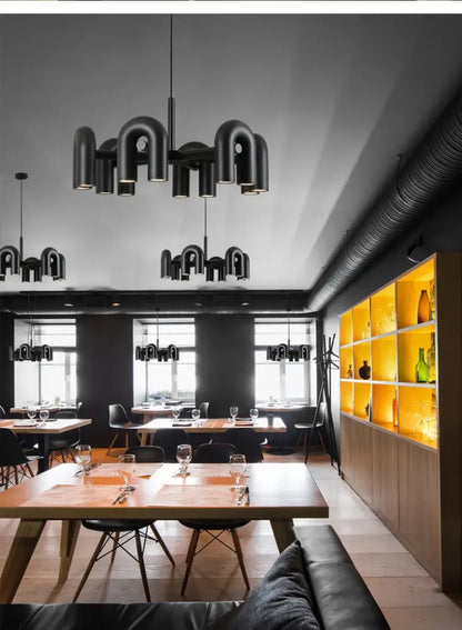 Black industrial-style DecorBites™ Nordic U shape led ceiling chandelier with modern geometric curved pipe-like arms