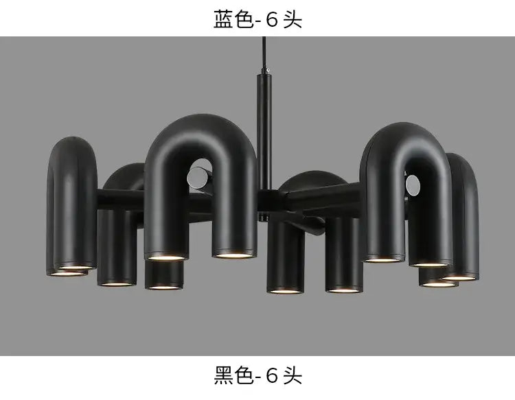 DecorBites™ Nordic U shape led ceiling chandelier in black matte finish with six curved pipe-like arms and circular lights