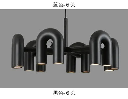 DecorBites™ Nordic U shape led ceiling chandelier in black matte finish with six curved pipe-like arms and circular lights