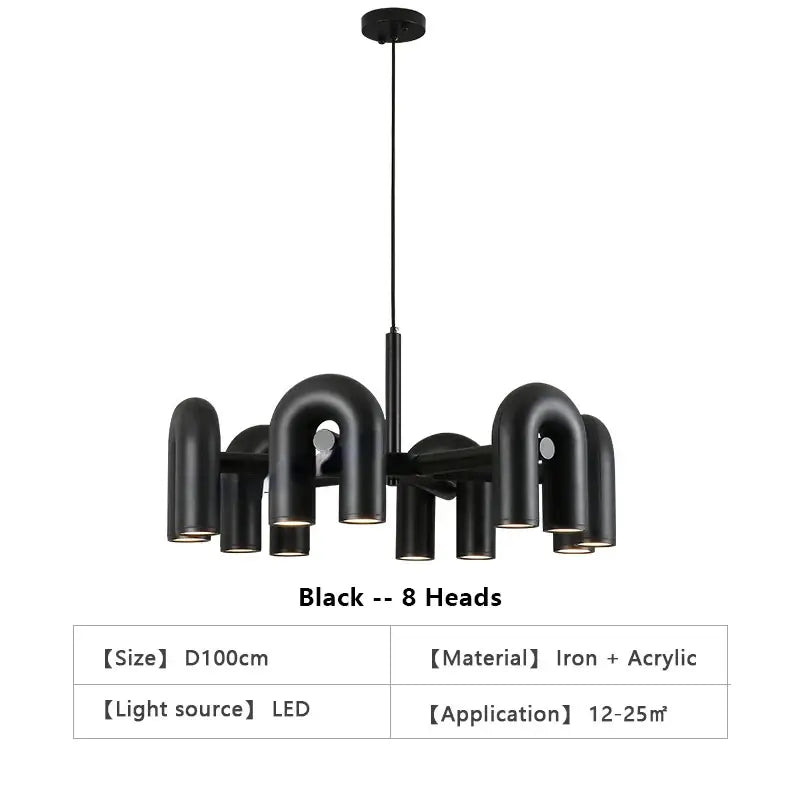 Black DecorBites™ Nordic U Shape LED ceiling chandelier with eight curved iron and acrylic pipe-like light heads