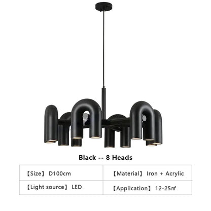 Black DecorBites™ Nordic U Shape LED ceiling chandelier with eight curved iron and acrylic pipe-like light heads