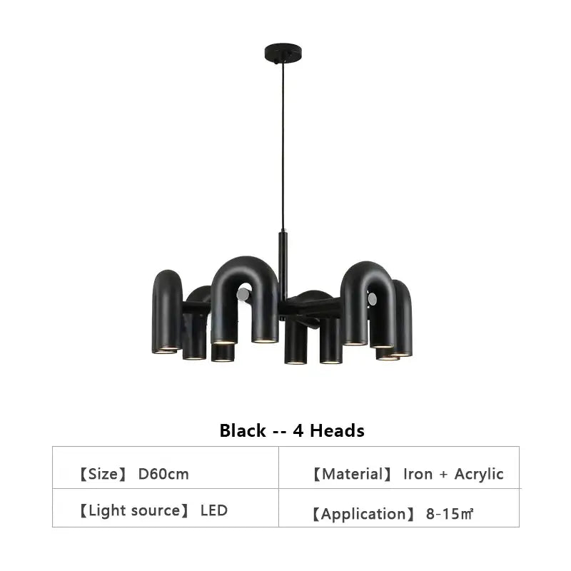 Black DecorBites Nordic U shape led ceiling chandelier with four curved iron and acrylic pipe-like arms