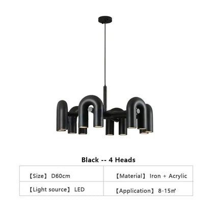 Black DecorBites Nordic U shape led ceiling chandelier with four curved iron and acrylic pipe-like arms