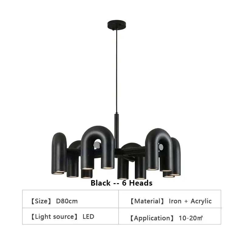 Black modern DecorBites™ Nordic u shape LED ceiling chandelier with six iron and acrylic curved pipe-like arms