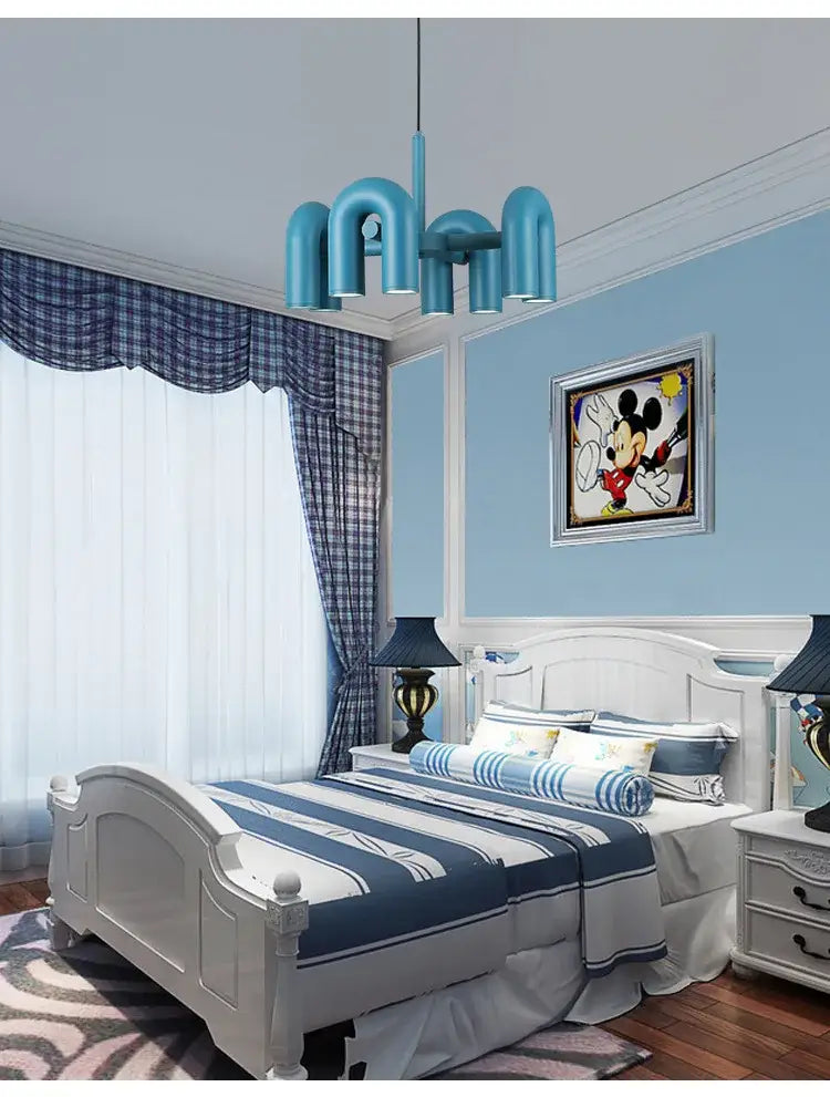Decorbites™ nordic u shape led ceiling chandelier with blue curved tubular arms and sleek metallic finish