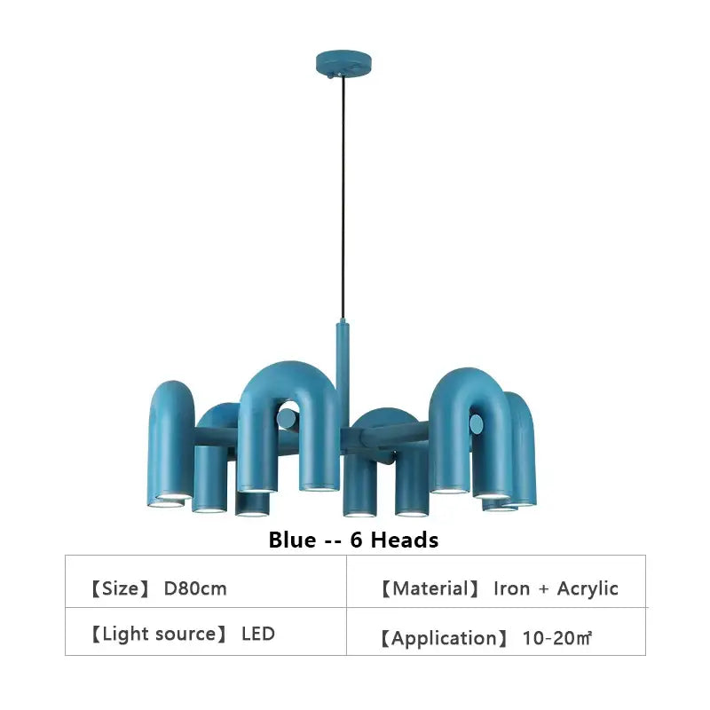Blue decorbites™ nordic u shape led ceiling chandelier with six curved iron and acrylic pipe-like arms