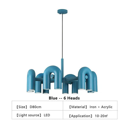 Blue decorbites™ nordic u shape led ceiling chandelier with six curved iron and acrylic pipe-like arms