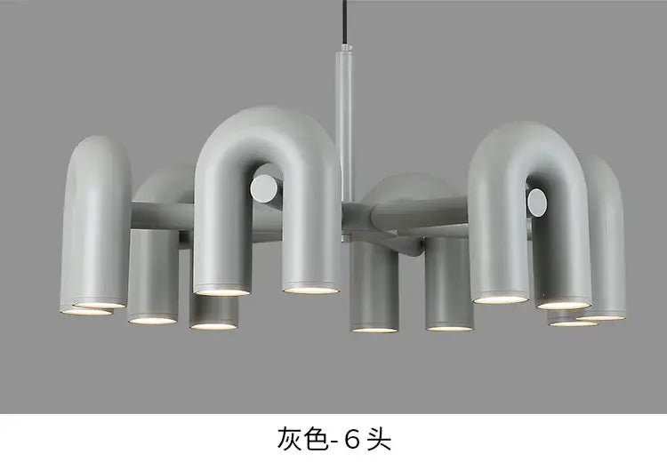 Decorbites™ nordic u shape led ceiling chandelier with gray metallic curved pipe arms and cylindrical light fixtures