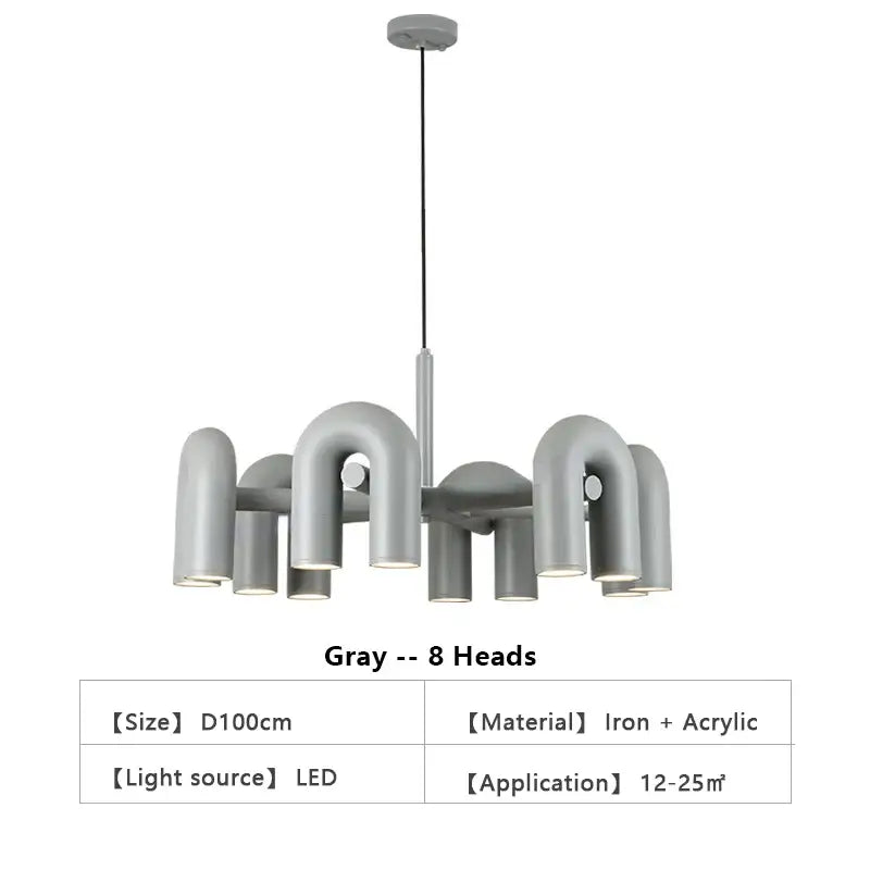 Gray DecorBites™ Nordic U shape LED ceiling chandelier with eight curved iron and acrylic light heads