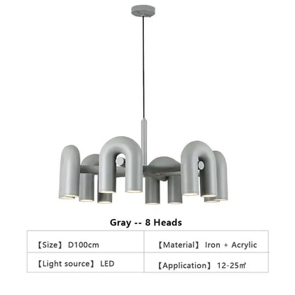 Gray DecorBites™ Nordic U shape LED ceiling chandelier with eight curved iron and acrylic light heads
