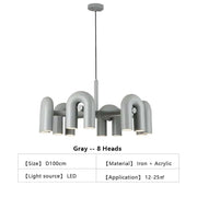 Gray DecorBites™ Nordic U shape LED ceiling chandelier with eight curved iron and acrylic light heads