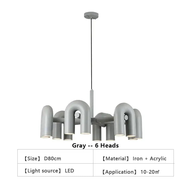 Gray modern iron and acrylic decorbites™ nordic u shape led ceiling chandelier with six curved shape led light heads