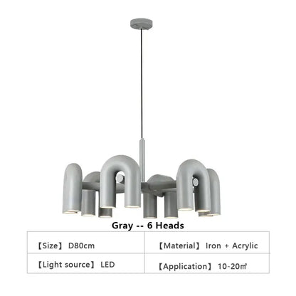 Gray modern iron and acrylic decorbites™ nordic u shape led ceiling chandelier with six curved shape led light heads