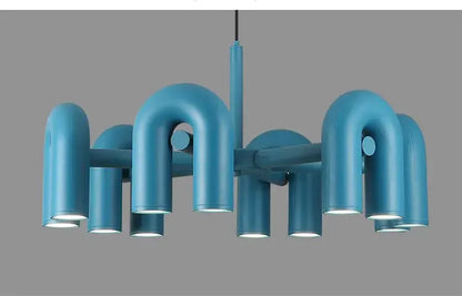 Modern blue industrial-style decorbites™ nordic u shape led ceiling chandelier with curved pipe arms and cylindrical lights
