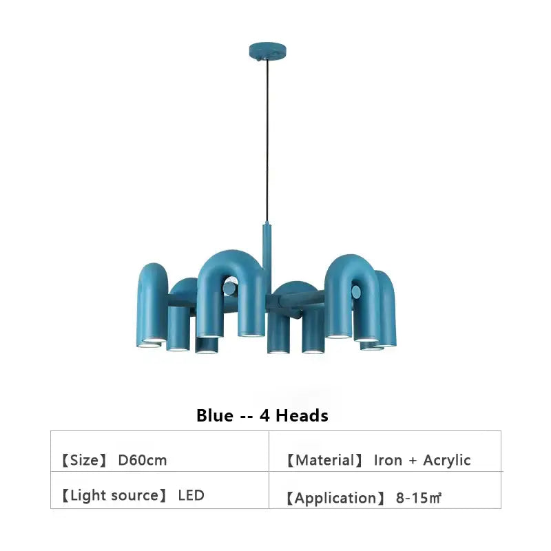 Modern blue DecorBites Nordic U Shape LED ceiling chandelier with four curved iron and acrylic pipe-like arms