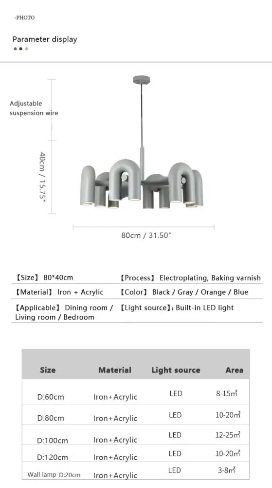 Modern gray DecorBites™ nordic u shape led ceiling chandelier with geometric arms and integrated shape led lighting