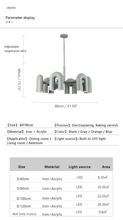 Modern gray DecorBites™ nordic u shape led ceiling chandelier with geometric arms and integrated shape led lighting