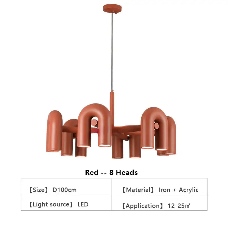 Decorbites™ nordic u shape led ceiling chandelier in red iron and acrylic with eight curved pipe like arms