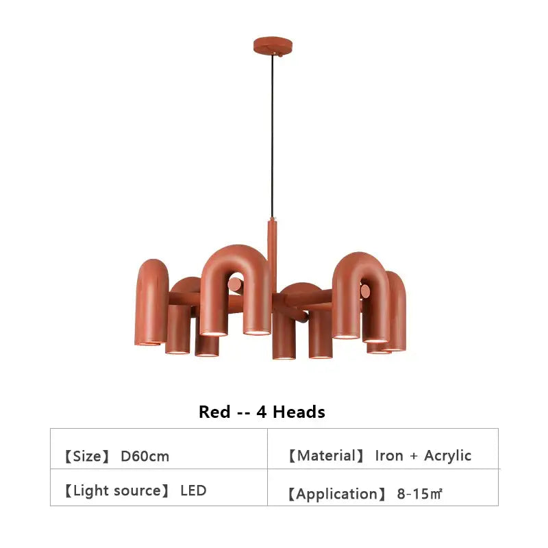 A modern red decorbites™ nordic u shape led ceiling chandelier with four curved iron and acrylic light heads