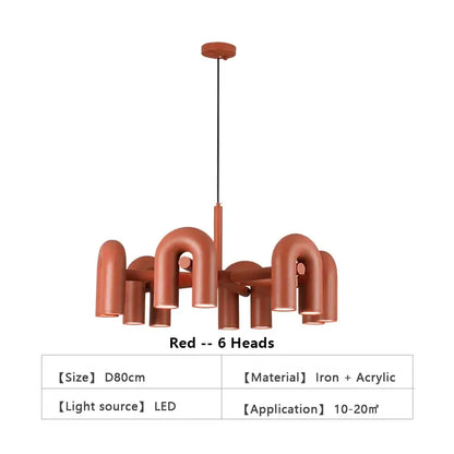 A modern red decorbites™ nordic u shape led ceiling chandelier with six curved iron and acrylic pipe-like arms