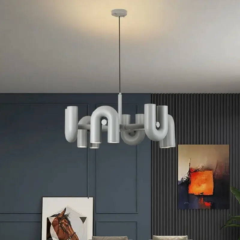 Modern white pipe DecorBites™ Nordic u shape led ceiling chandelier with curved interconnected segments suspended
