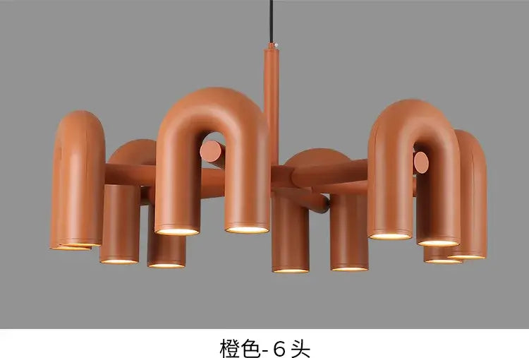 Decorbites™ nordic u shape led ceiling chandelier with six curved terracotta pipe arms and cylindrical light fixtures