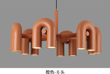 Decorbites™ nordic u shape led ceiling chandelier with six curved terracotta pipe arms and cylindrical light fixtures