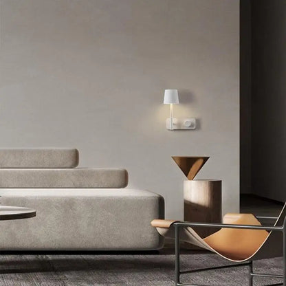 White minimalist decorbites™ nordic wall light with cylindrical shade and metallic base for bedroom wall lights