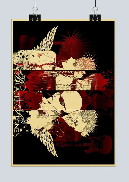 Black and red distressed nostalgic japan anime nana kraft poster featuring winged characters from decorbites