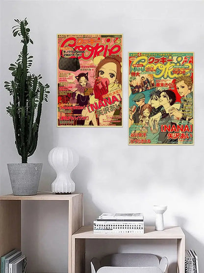 Two vibrant vintage-style kraft posters featuring nostalgic japan anime nana with colorful artwork and bold japanese text