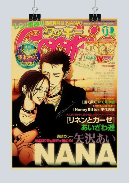 Vibrant yellow decorbites™ nostalgic japan anime nana kraft poster set featuring stylish characters in dark outfits