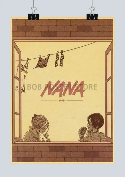 Vintage-style nostalgic japan anime nana kraft poster featuring two characters seated by a window with brick and laundry